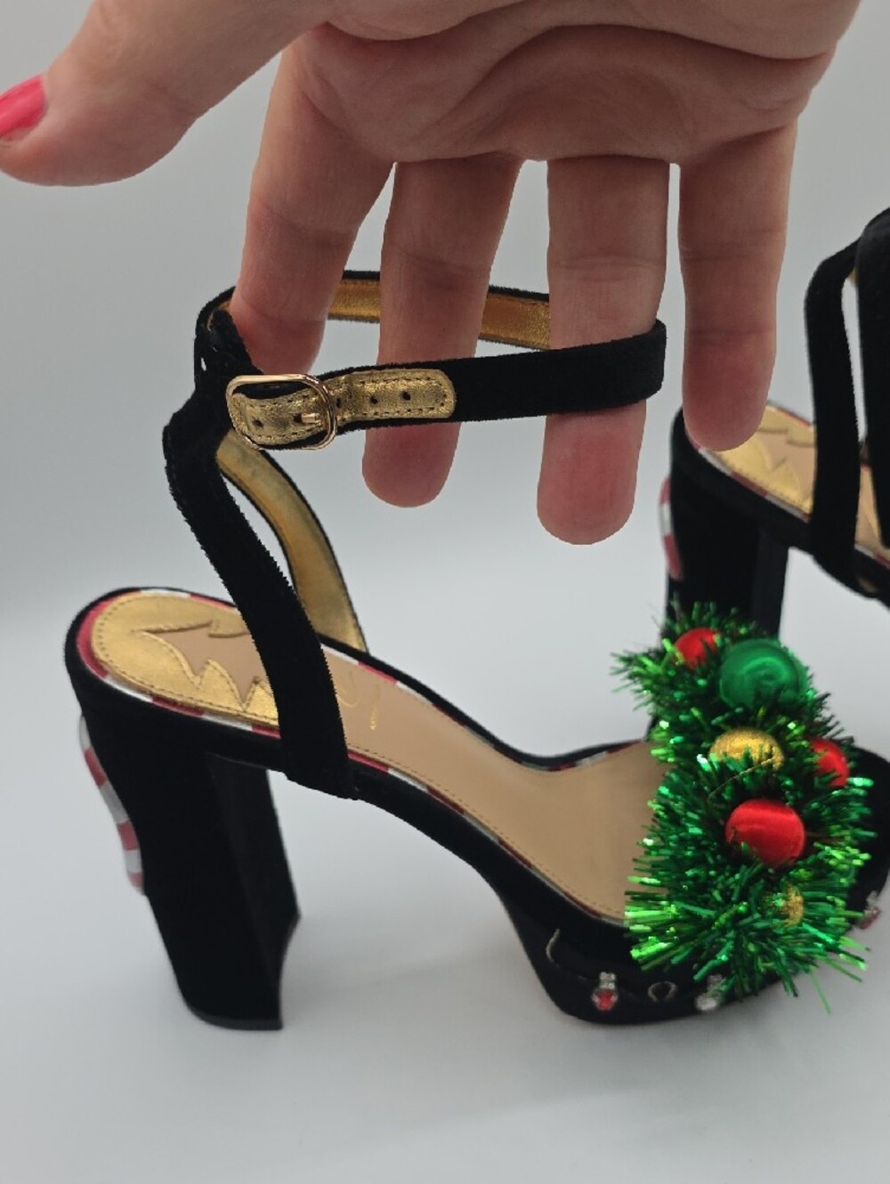 ANTONIO MELANI Black Velvet Heels with Green Tinsel and Red & Gold Ornaments - Picture 15 of 17